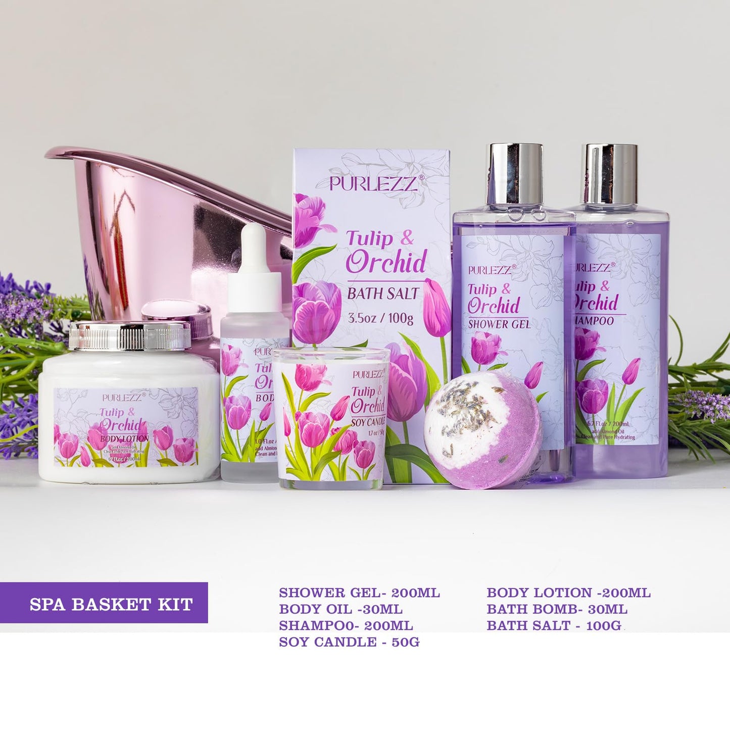 Tulip & Orchid Mother's Day Gifts for Women, Bath and Body Gift Basket, Spa Gift Basket, Spa Kit, Self-Care Set, spa kit for women gift set, Birthday, Christmas, Mom Gift, Anniversary, bath gift set