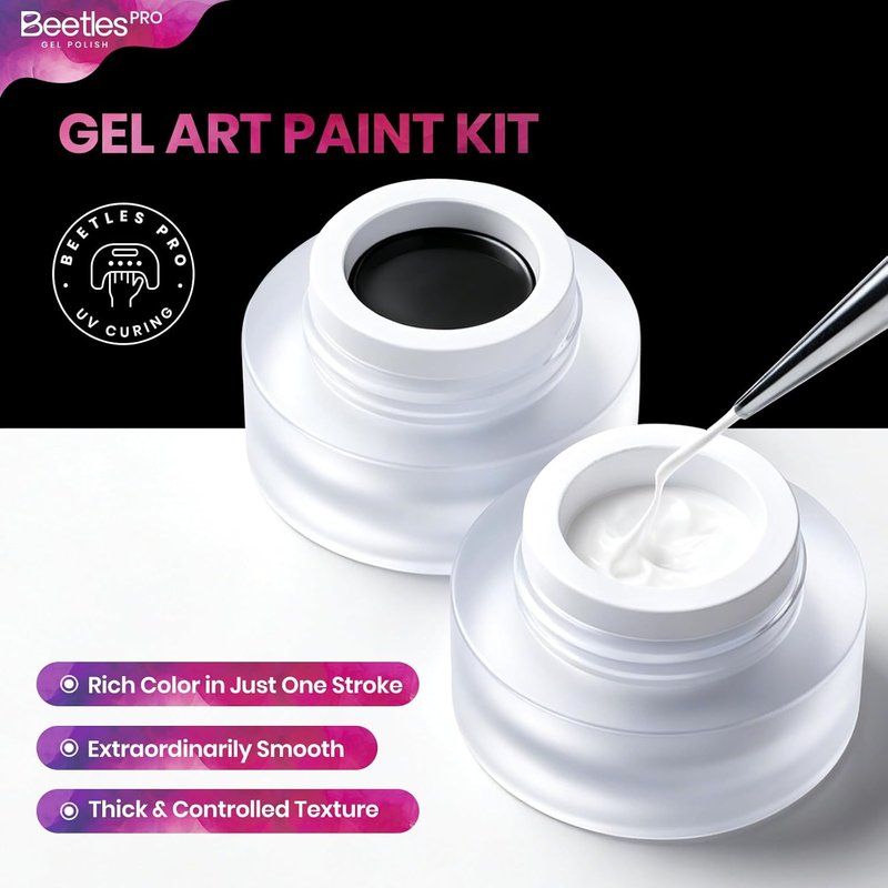 Beetles PRO Black & White Nail Art Gel - 2PCS UV-Cure Gel Paint with 10mm Liner Brush | Perfect for Floral Designs & French Tips