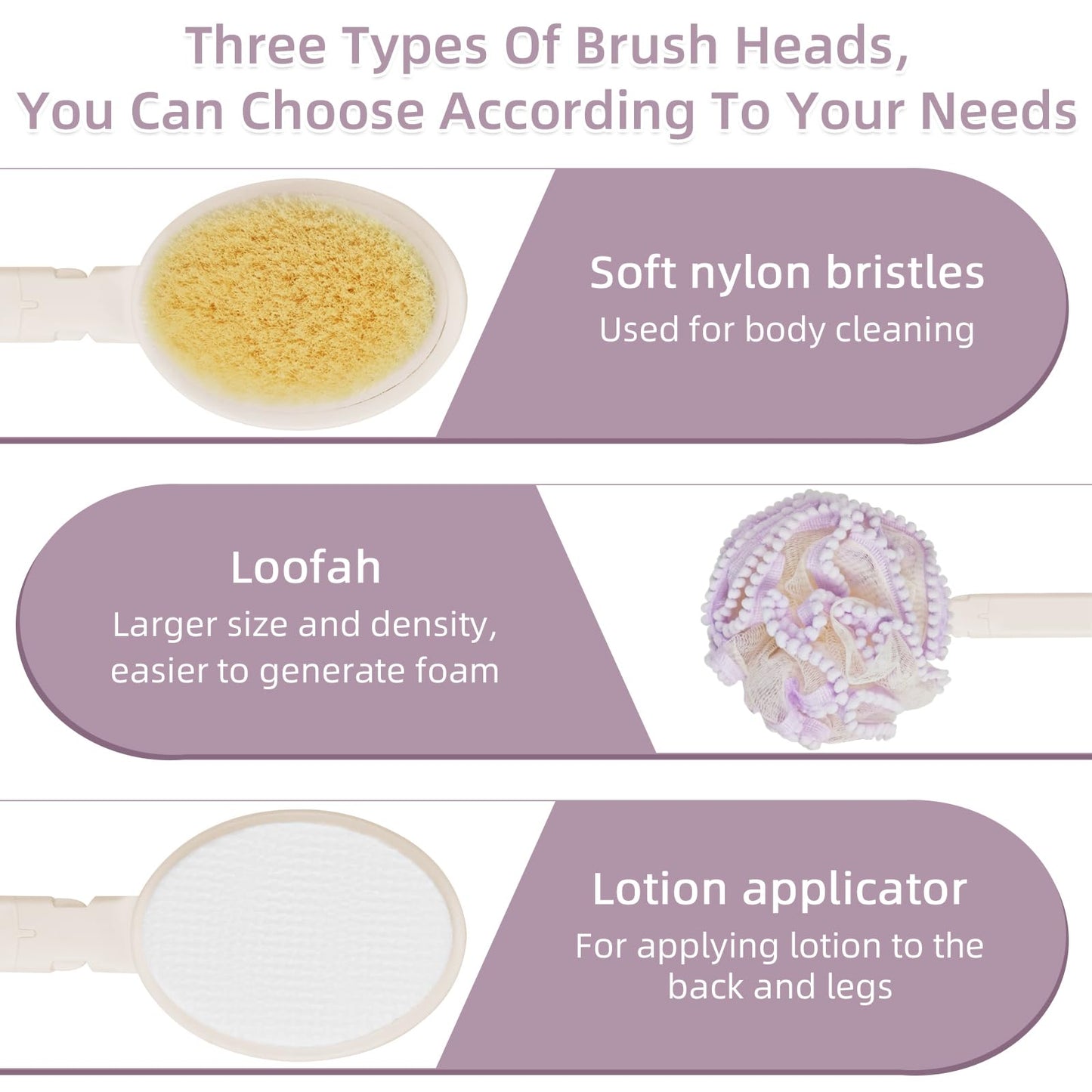 Topfinder Loofah Sponge with Handle,Back Scrubber Brush for Shower, Lotion Applicator for Back,3 in 1 Shower Kit (Purple loofah)
