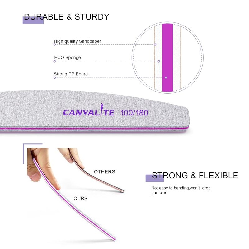 Canvalite Nail Files - 10 PCS Professional Double-Sided Emery Boards (100/180 Grit) for Home & Salon Use