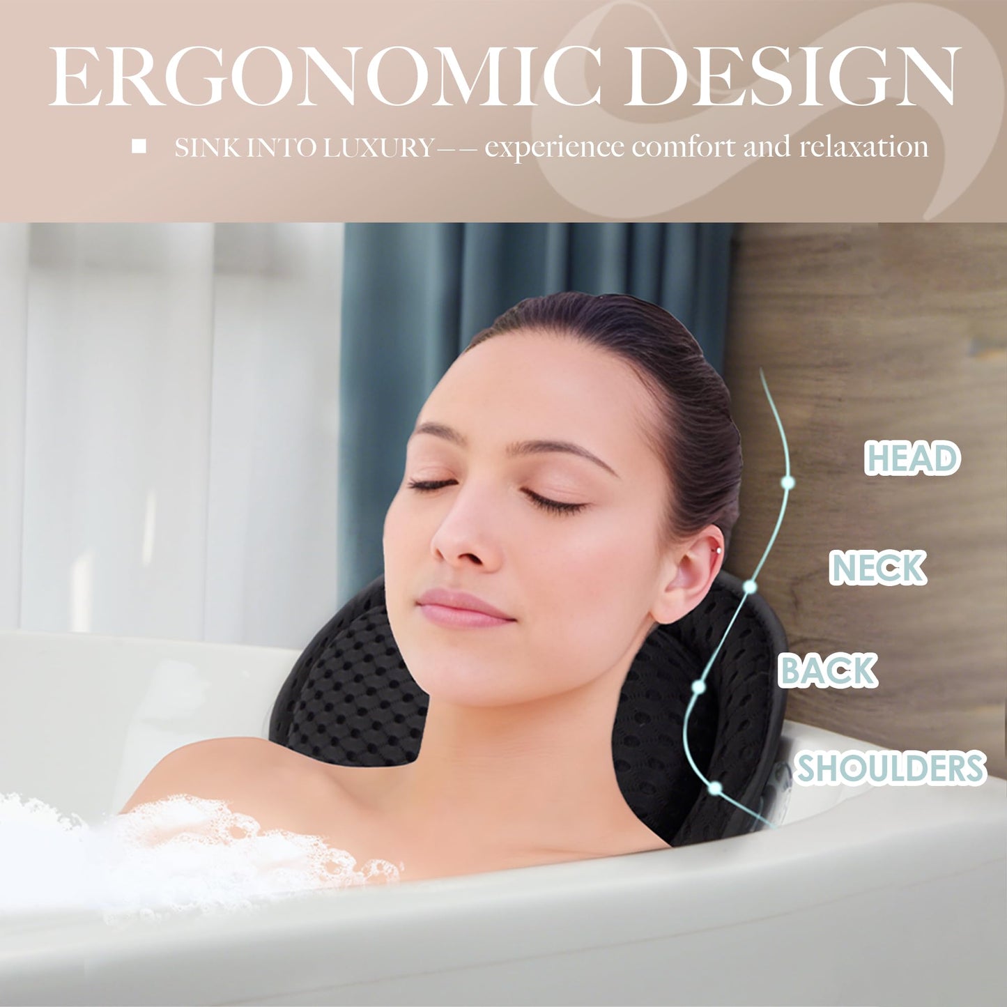 Bath Pillows for Tub Luxury, Bath Pillow for Head and Neck, Fit Bathtub Hot Tub Relaxing Gifts for Women, Comfort 4D Air Mesh Fabric & 6 Non-Slip Suction Cups (Gray)