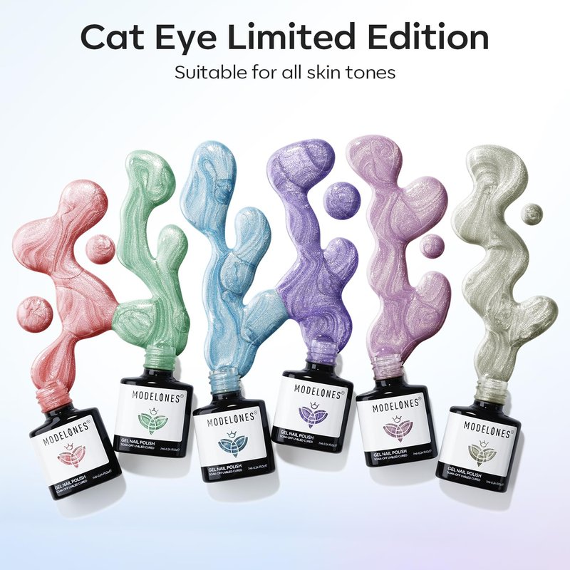 Modelones Cat Eye Gel Nail Polish - 6 Colors Holographic Glitter | Soak Off, 9D Semi-Transparent for Nail Art