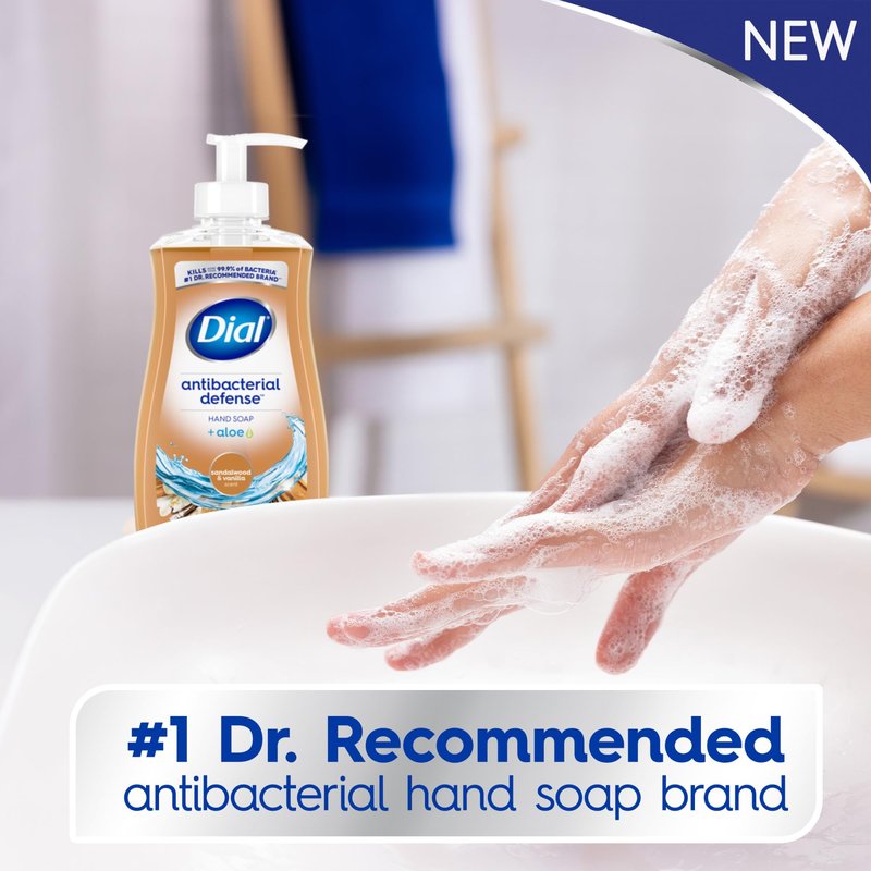 Dial Antibacterial Defense Liquid Hand Soap + Aloe, Sandalwood & Vanilla Scent, 11 Fl Oz (Pack of 12), Dermatologist-Tested Hand Wash, Gentle Formula