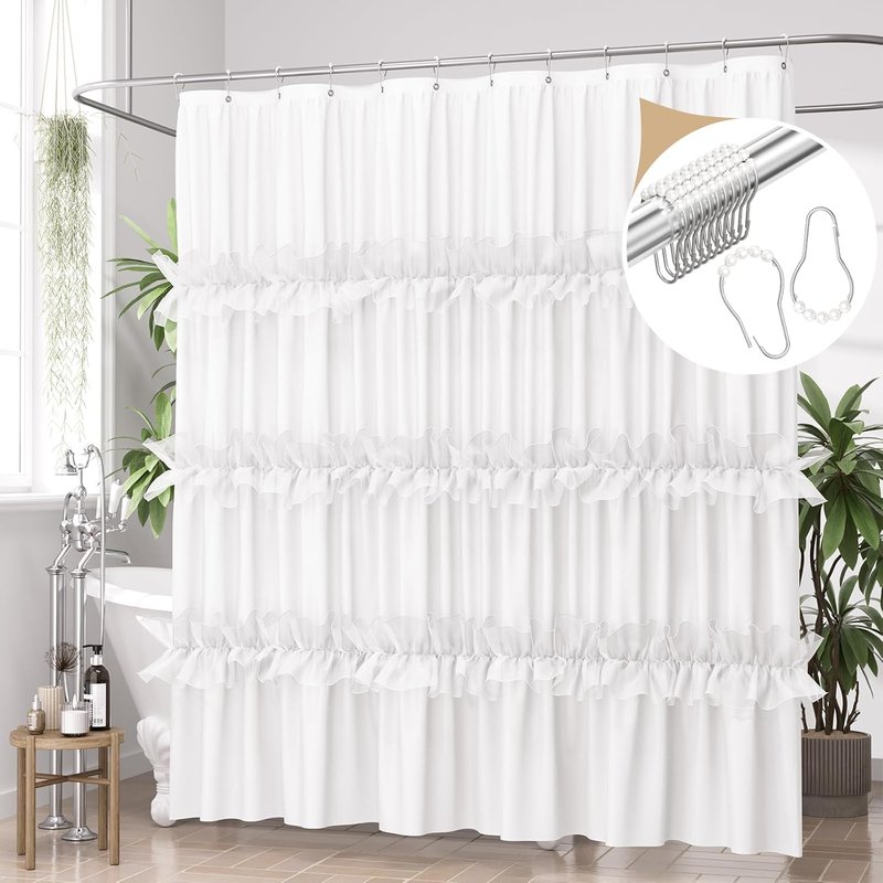 AmazerBath White Ruffle Shower Curtain - Victorian Sheer Ruffled Design | 72x72 Elegant Farmhouse Bathroom Decor