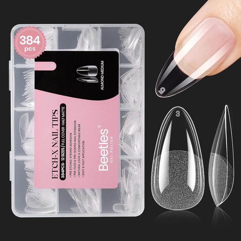 Beetles Gel Nail Tips Etch-X- Almond Medium, 384pcs 12 Sizes, Pre-Etched Half Matte Full Cover Soft Gel Nail Tips, Press on False Nail Extension Acrylic Fake Nails, Easy DIY Salon Art