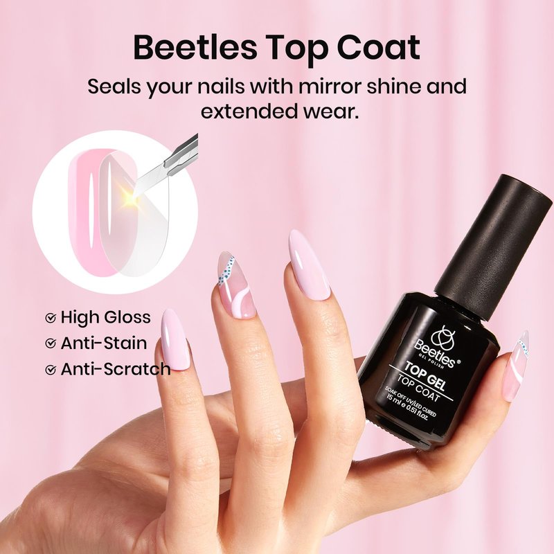 Beetles 3Pcs 15ml Pink Gel Nail Polish and No Wipe Gel Top Coat & Base Coat Set, Soak Off UV Lamp and Long Lasting Top Coat French Manicure Art Design Kit