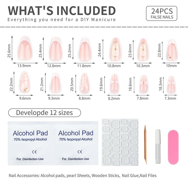 Mivota French Press On Nails Almond Medium, Fall Fake Nails Adorned with White Petal Accents and 3D Gold Lines Design, Glossy Gel Finish Acrylic Nails, Reusable Glue On Nails for Women, 24Pcs