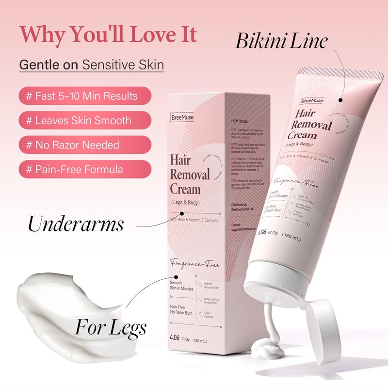 BreeMuse Hair Removal Cream for Women, Painless Depilatory Cream for Legs, Bikini Line & Underarms, Fast 5-10 Minute Body Hair Remover for Sensitive Skin with Moisturizing & Smoothing Formula