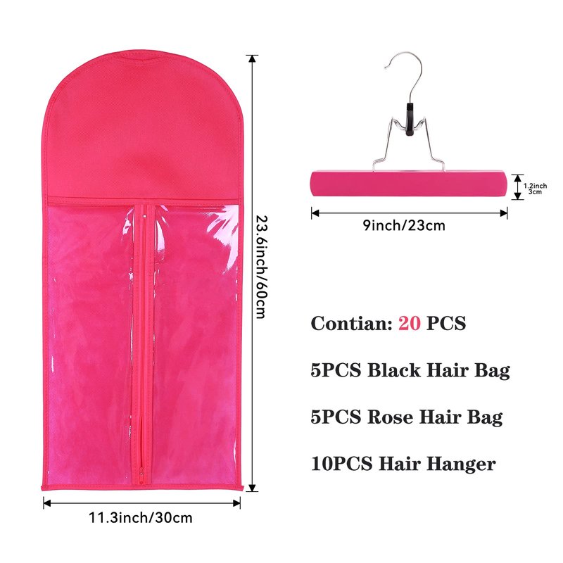10 PCS Wig Bag - Multiple Wig Storage with Hanger & Anti-slip Hair Extension Holder (5PCS BLACK + 5PCS ROSE)