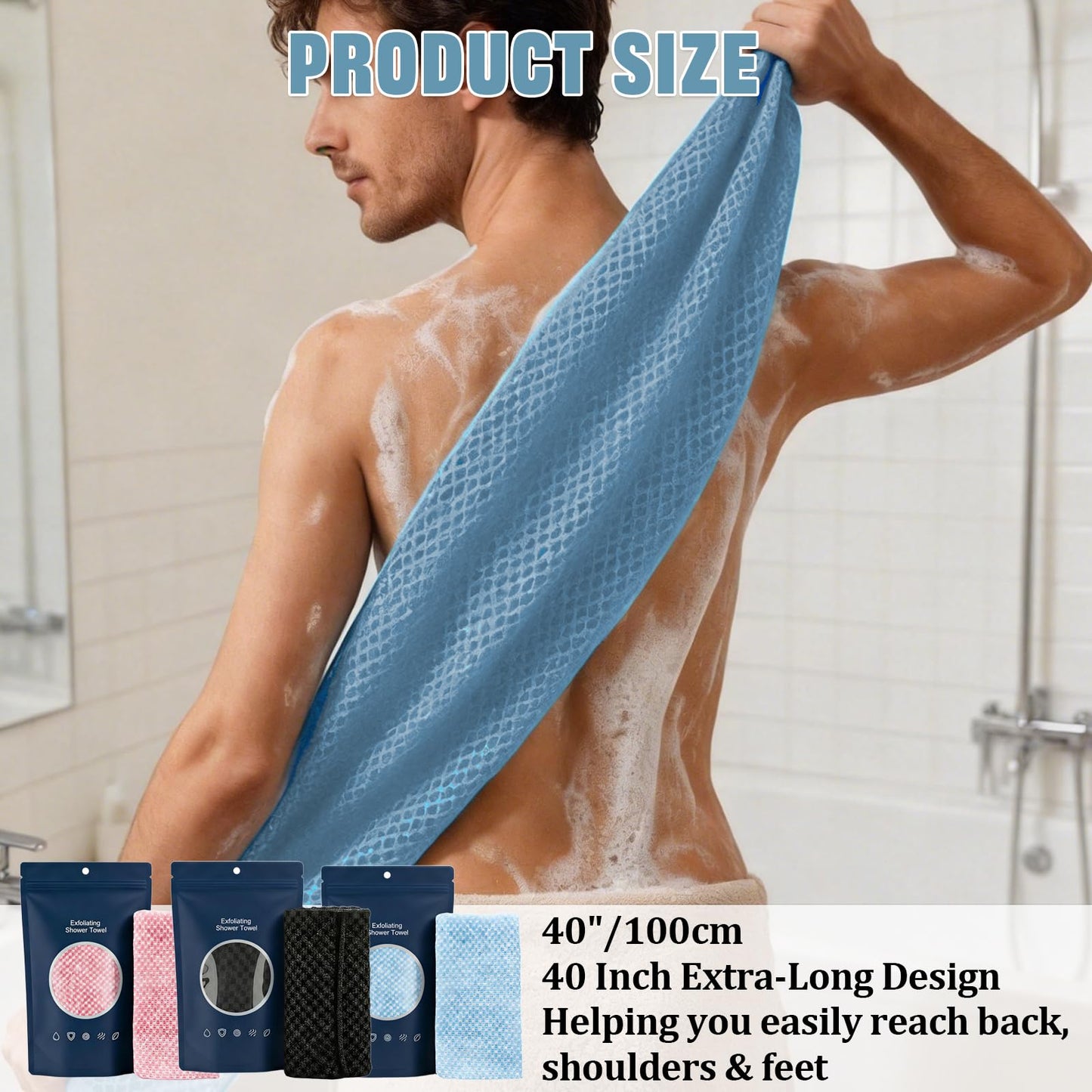 VHOUHOU 3 PCS Deep Exfoliating Shower Towels for Men & Women, Durable Exfoliating Towel, Premium Scrub Wash Cloth for Body Face, Comfortable Touch (Black, Blue, Pink)