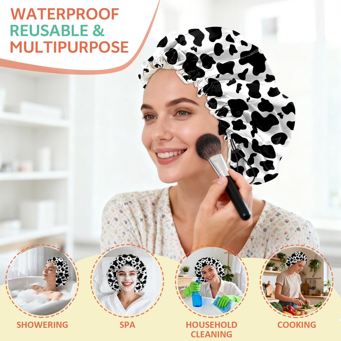 BHAHB Shower Cap Reusable Double Layer Adjustable Elastic Waterproof EVA Hair Bath Caps for Women Girls Cute Aesthetic-Cow Leopard