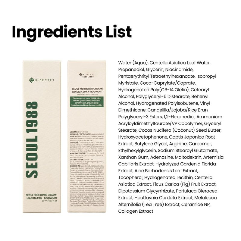 K-SECRET SEOUL 1988 Repair Cream - Soothing Niacinamide & Centella Asiatica Moisturizer | Hydrating Barrier Cream for Sensitive Skin | 50ml / 1.69 fl oz