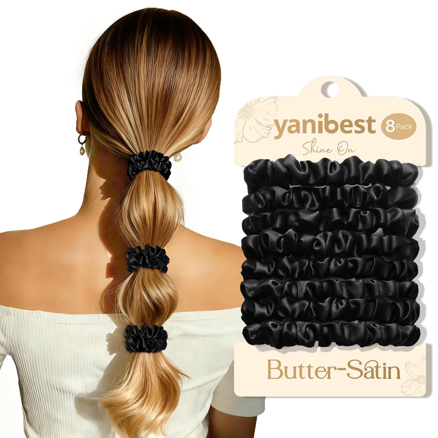 Yanibest 8 Pcs Satin Hair Ties - Hair Scrunchies for Women & Girls, Thin Silk Hair Ties No Damage, Ponytail Holders Gentle on Hair