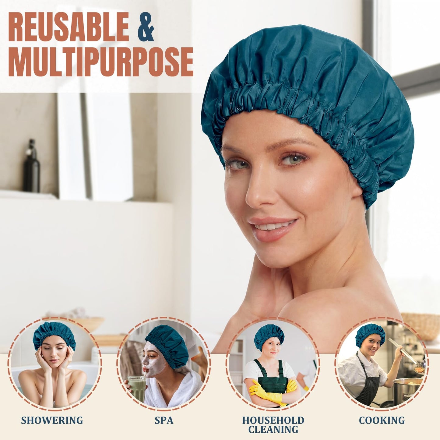 Reusable Shower Cap for Women, Large Waterproof Shower Bonnet with Elastic Band, Washable Bath Hair Cap for Long, Curly Hair, Braids, Daily Shower, Home Spa, Travel(Blue Zircon)