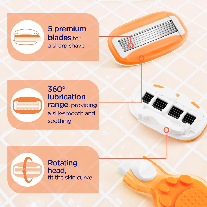 DreamGenius Women’s Razor Blades Refills Include 4 Cartridges, Extra Smooth 5-Blade Travel Razor Refills for Comfort Shaving, Orange