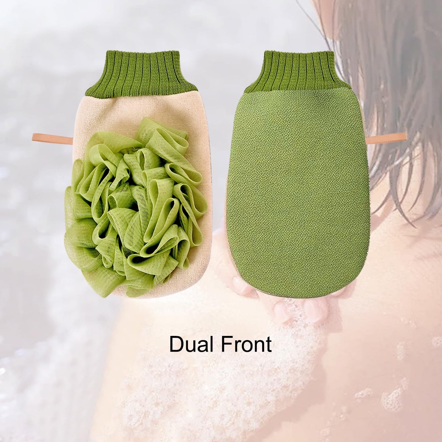 GOMKLNMO 2 Pack Shower Sponge Exfoliating Gloves, 2 in 1 Body Wash Gloves, Scrub Gloves with Shower Ball (Green)