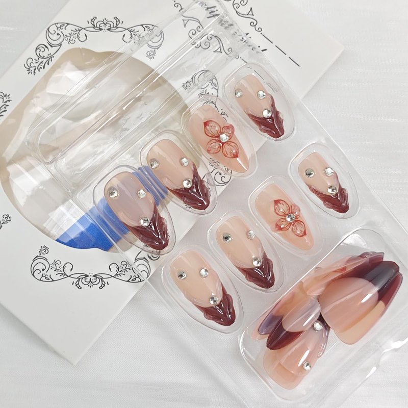 24Pcs Red Flower Press on Nails Medium Almond Fake Nails Summer Floral with Rhinestones Full Cover Acrylic Nails Glue on Nails Reusable Artificial French Tip False Nails for Women DIY Acrylic Nails