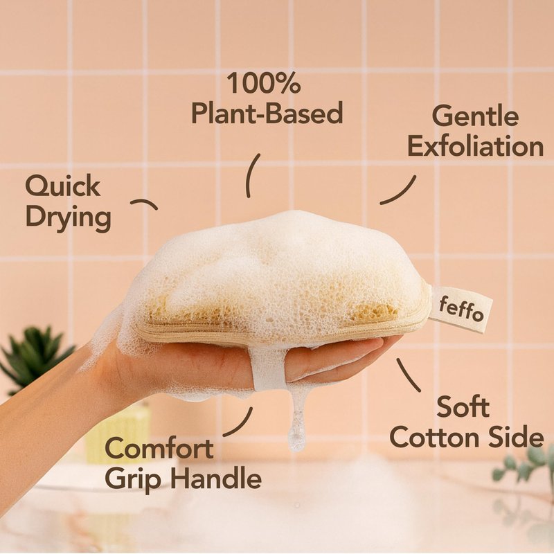 Feffo Natural Loofah Sponge for Body Scrub, Exfoliating Body Scrubber & Loofah with Handle, Exfoliating Pads, Loofah for Women, Men & Kids (2 Count - 1 Pack, Rectangular)