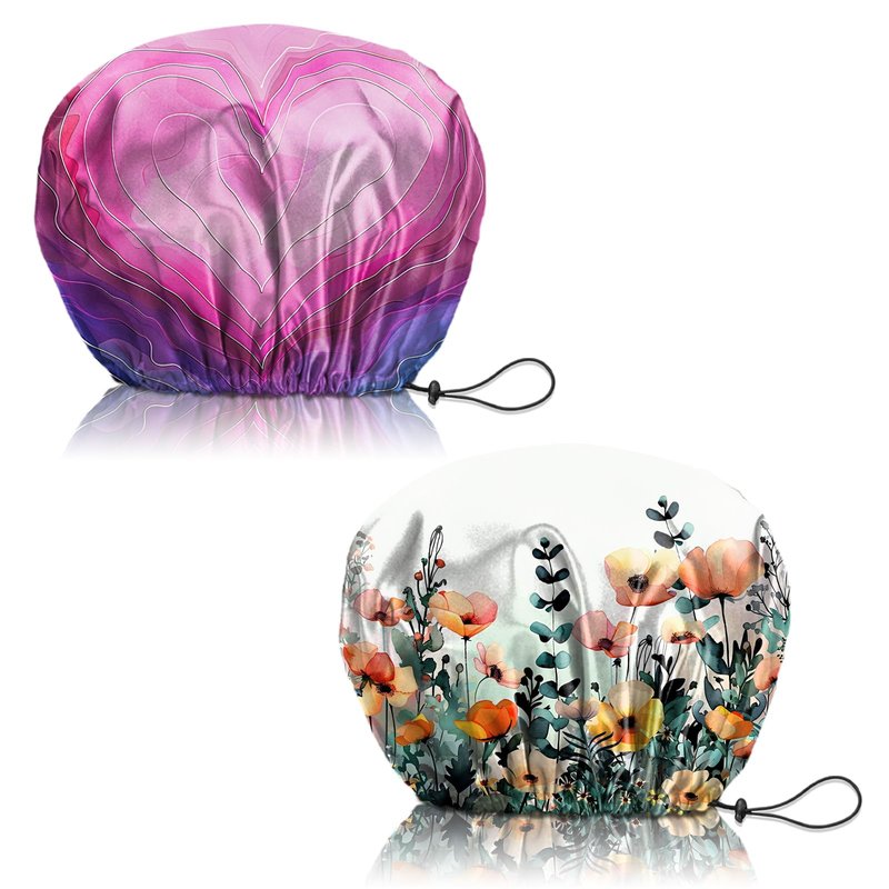 Deokke 2 PCS Shower Cap Reusable Waterproof Adjustable Double Layer Elastic Dry Hair Bathing Caps Aesthetic Cute for Women Girls-Heart Flower
