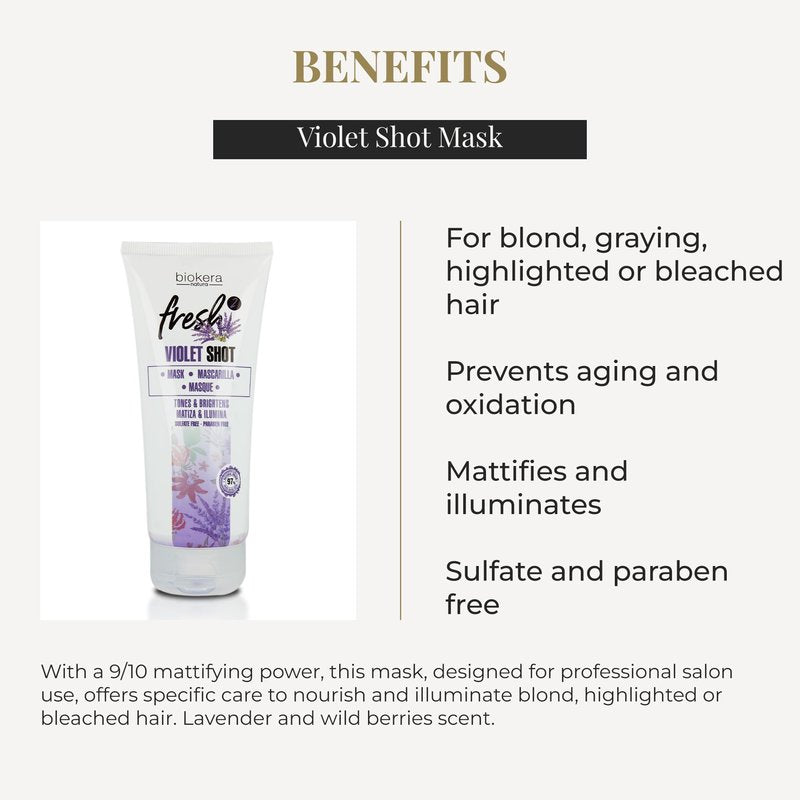 SALERM - Purple Mask - Biokera Fresh Violet Shot Mask - 200 ml - For Blonde, Gray, Highlighted, or Bleached Hair - Helps Neutralize Yellow Tones - Enhances Shine