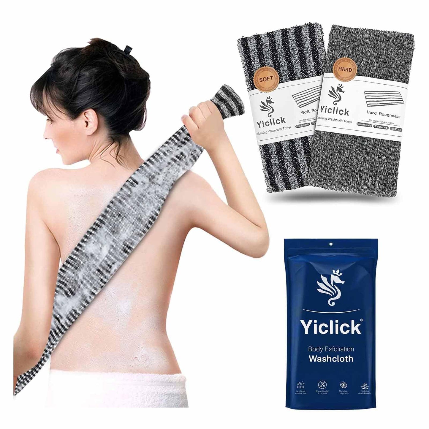 Yiclick Exfoliating Washcloth Towel, Back Scrubber for Shower for Women, Exfoliating Body Scrubber, Loofah Sponge Wash Cloth, Korean Japanese Exfoliating Shower Towel, Exfoliator Washer for Bath