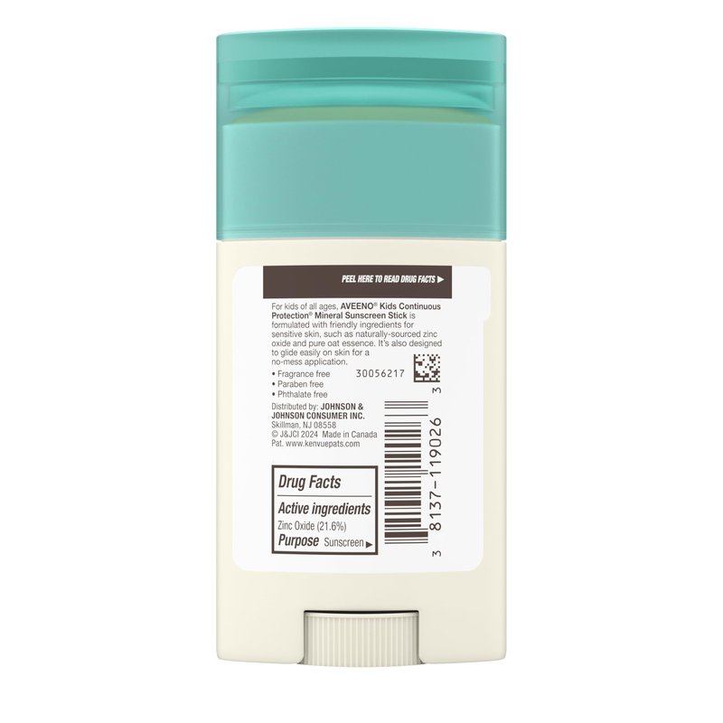 Aveeno Kids Continuous Protection Zinc Oxide Mineral Sunscreen Stick for Sensitive Skin, Face & Body Sunscreen Stick for Kids with Broad Spectrum SPF 50, Sweat- & Water-Resistant, 1.5 oz