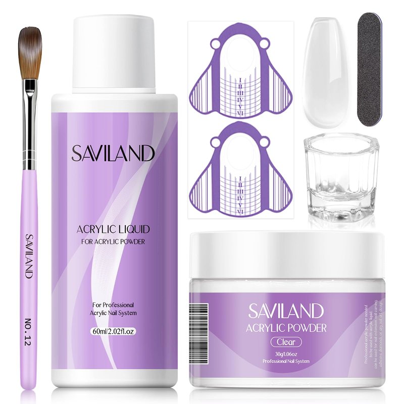 SAVILAND Acrylic Nail Kit for Beginners: Nails Kit Acrylic Set with 30g Clear Acrylic Powder and Liquid, Brush, Forms, File, Dappen Dish for Extensions & 3D Nail Art Sculpting, Home DIY Salon Manicure