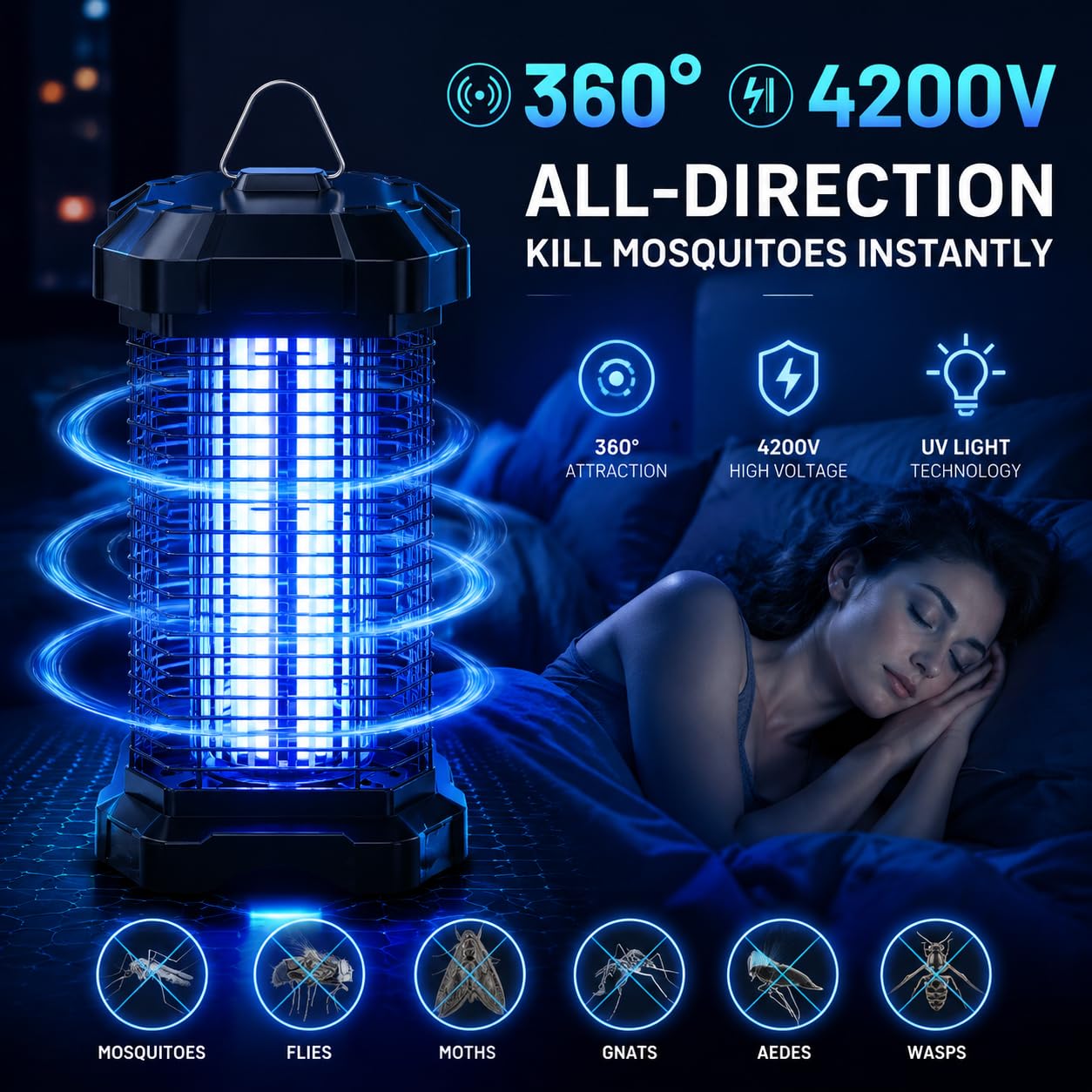 Jawlark Bug Zapper Outdoor, 4200V Electric Mosquito Zapper Indoor, Insect Fly Zapper Waterproof with 5ft Power Cord, Mosquito Killer for Home, Patio, Kitchen, Backyard, Camping, Plug-in
