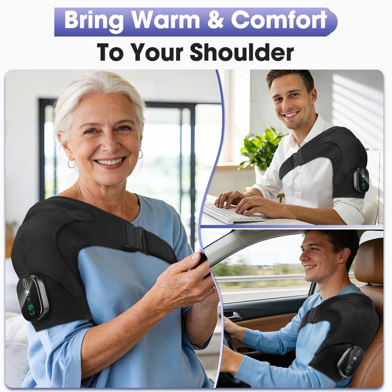 Shoulder Heating Pad with Massage, Cordless Heated Shoulder Wrap for Pain Relief, Rotator Cuff & Frozen Shoulder Support, Portable 3 Heat & 3 Vibration Shoulder Massager for Deep Tissue