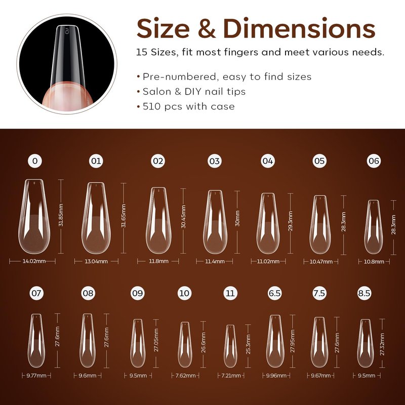 Long Coffin Nail Tips - 510Pcs Pre-shaped Half Matte Full Cover Acrylic Gel | 15 Sizes for DIY Manicure