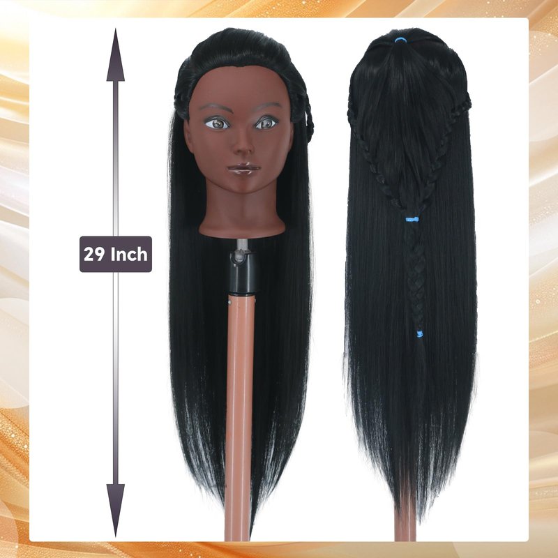 Gemiei Mannequin Head with Hair 26"-28'' Doll Head for Hair Styling Manikin Practice Cosmetology Training Braiding Heads With Clamp Holder and Styling Tools (Black)