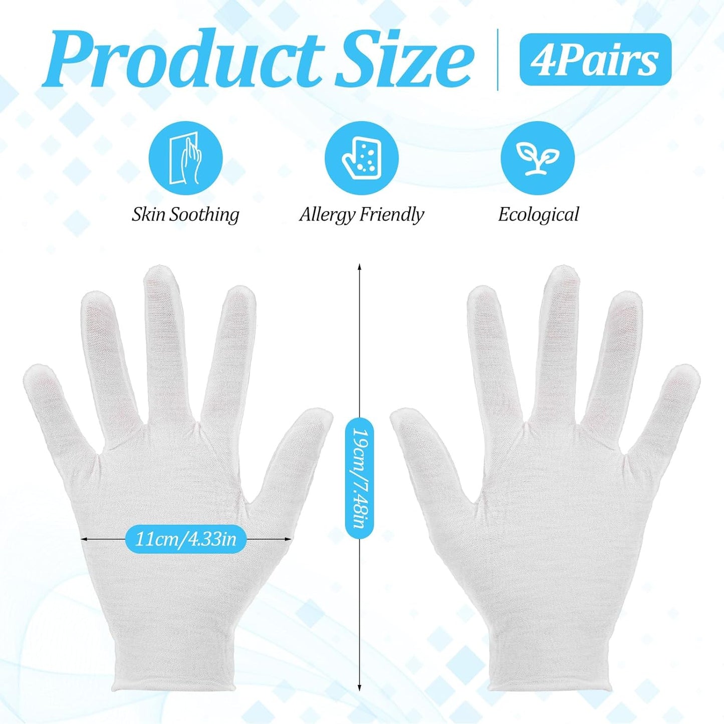 White Cotton Gloves for Dry Hands | Moisturizing Eczema Relief | 4 Pairs, Stretchy & Thin