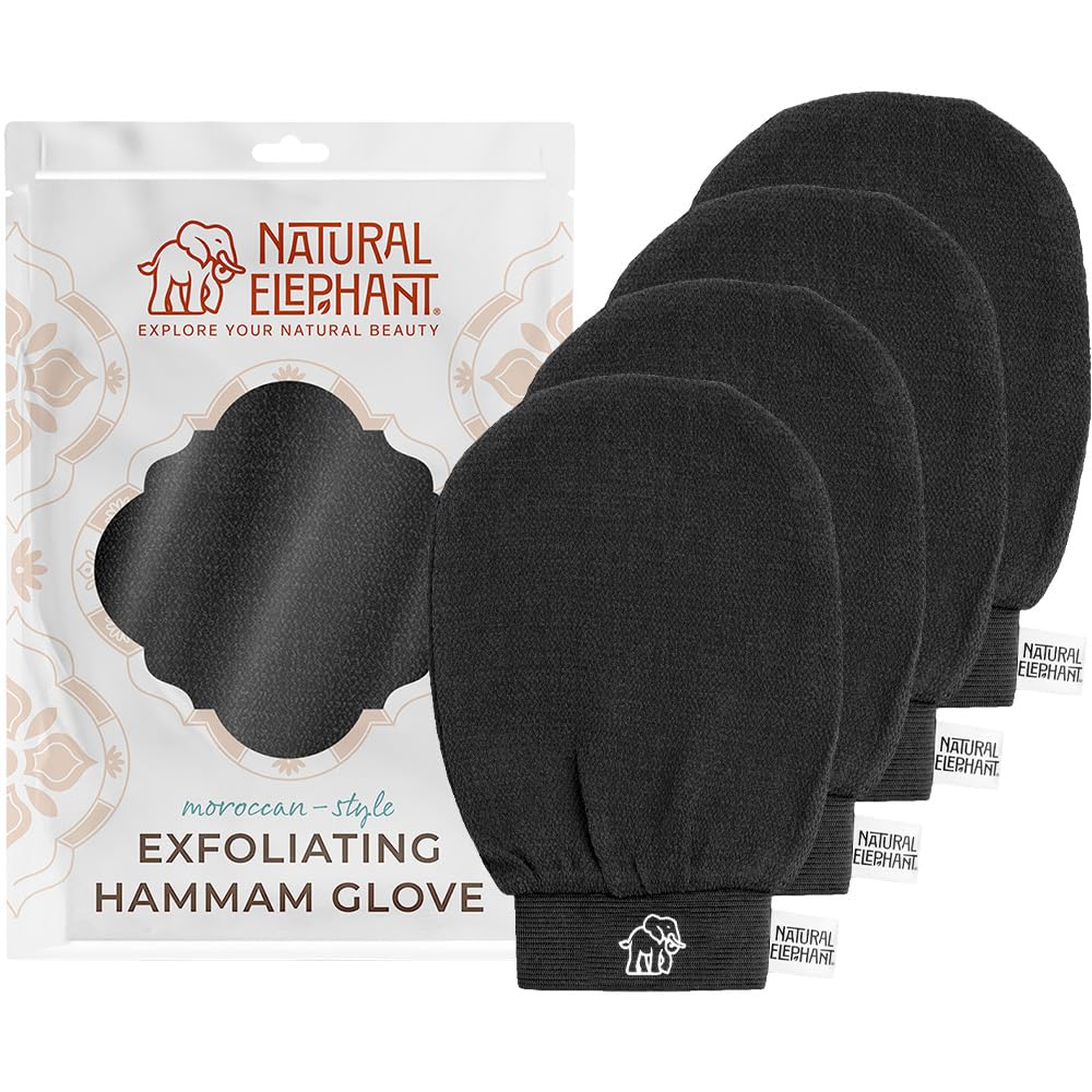 Natural Elephant Exfoliating Kessa Glove - Face and Body Exfoliator Hammam Mitt (Pure Black (Pack of 4))