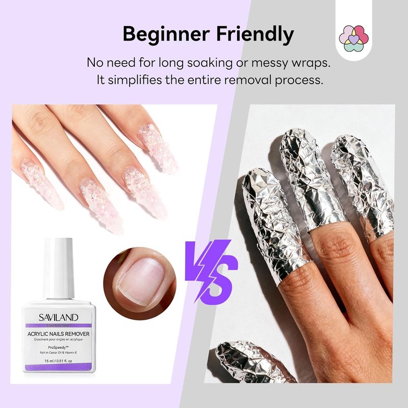 SAVILAND Acrylic Nail Remover Kit - 30 ml Gentle Acrylic Dissolver with Cuticle Oil & Care Tools