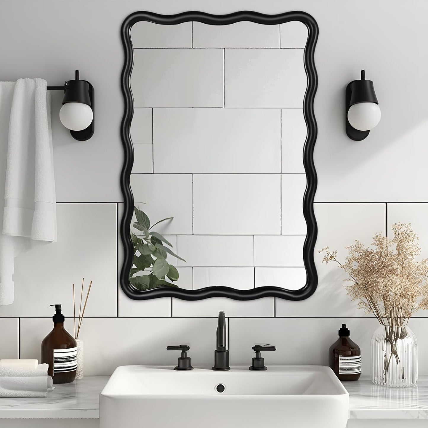 Wavy Rectangular Bathroom Mirror - Scalloped Metal Frame | Modern Black Design for Vanity, Living Room, Entryway
