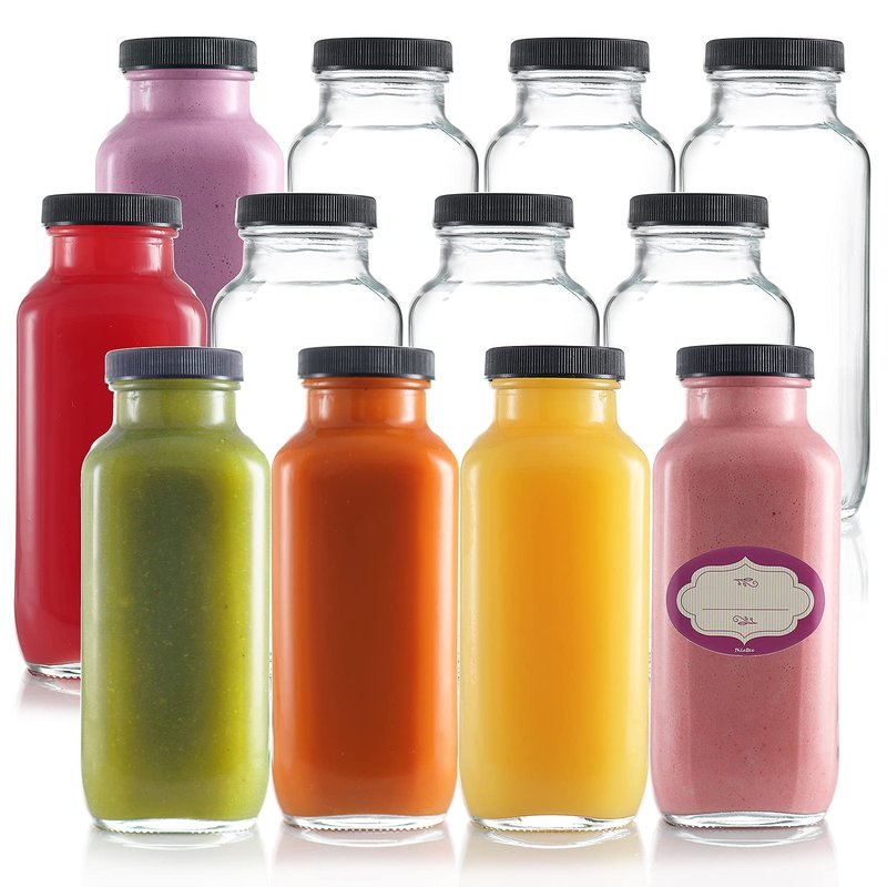 DilaBee 12-Pack Glass Juice Bottles with Lids - 16 oz Glass Bottles with Lids for Juice, Smoothie, Milk & Kombucha, Reusable Glass Water Bottles with Caps - Bulk Glass Bottles for Juicing BPA Free