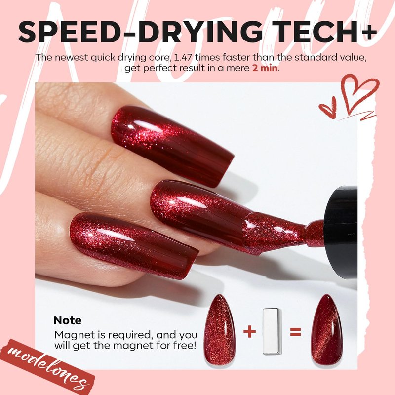 modelones Nail Polish Set 6 Colors, Dark Red Valentines Cat Eye Burgundy Glitter Quick Dry Mini Nail Lacquer Kit Magnetic Maroon Purple Cherry DIY Home Nail Art Manicure Gifts for Women Girls