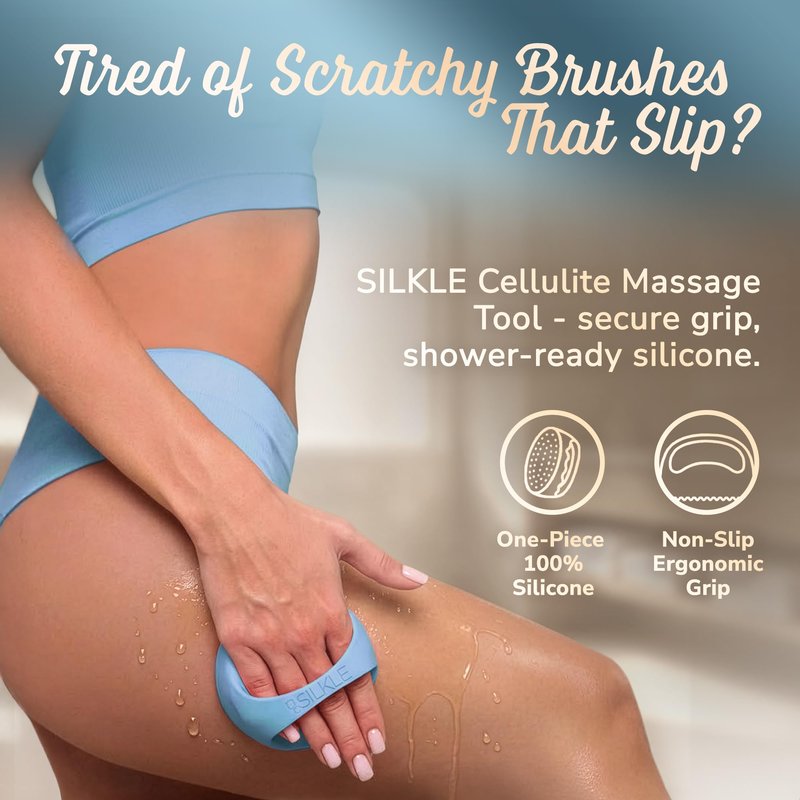 SILKLE Cellulite Massage Tool & Lymphatic Drainage Massager - Silicone Anti Cellulite Massage Brush for Body Sculpting with Ergonomic Handle - Cellulite Remover for Legs, Thighs and Belly - Blue