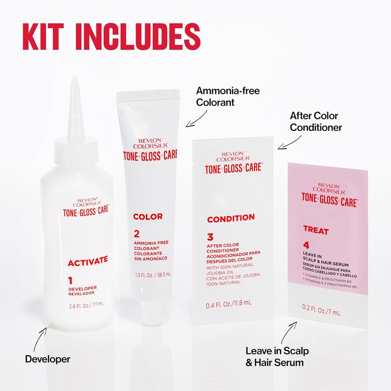 Revlon ColorSilk Tone + Gloss + Care Demi Permanent Hair Color, Dye Kit with Leave-In Scalp and Haircare Serum, 2x Shinier, 4x Stronger, 1 Black, 4.5 fl oz