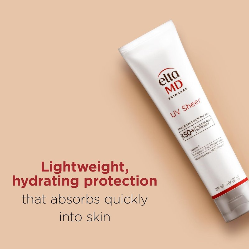 EltaMD UV Sheer Sunscreen SPF 50+ - No White Cast, Transparent Zinc Oxide & Hyaluronic Acid, Moisturizing Protection