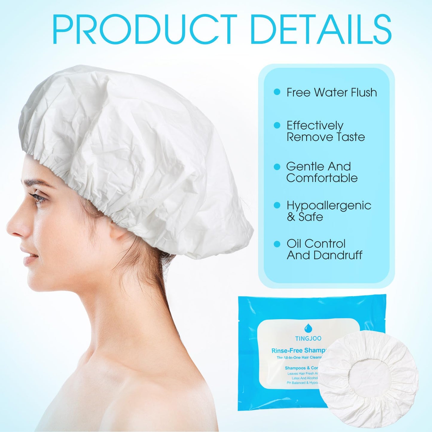 Tingjoo 5 Pcs No Rinse Shampoo Cap Bulk Waterless Rinse Free Disposable Dry Hair Wash Caps for Elderly, Bedridden Patients, Post Surgery, Hospital Stays