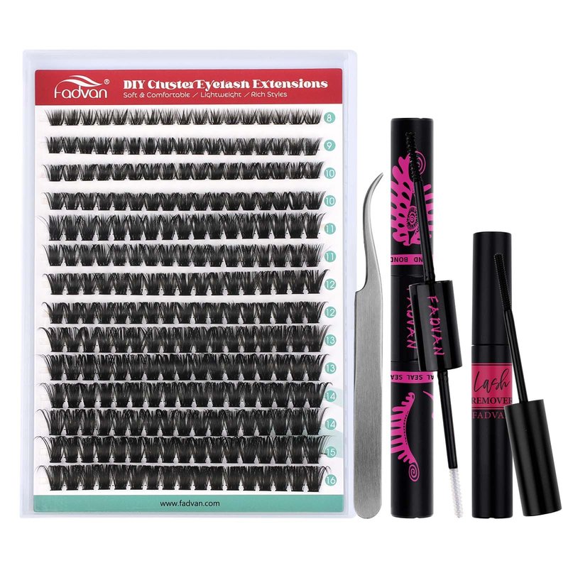 FADVAN Lash Clusters Kit 80D Lash Extension Kit 8-16mm Thick Cluster Eyelash Extensions Long Lash Clusters Soft Individual Lashes DIY with Lash Bond and Seal Lash Tweezers(80D, 0.07D, 8-16mm, Kit)