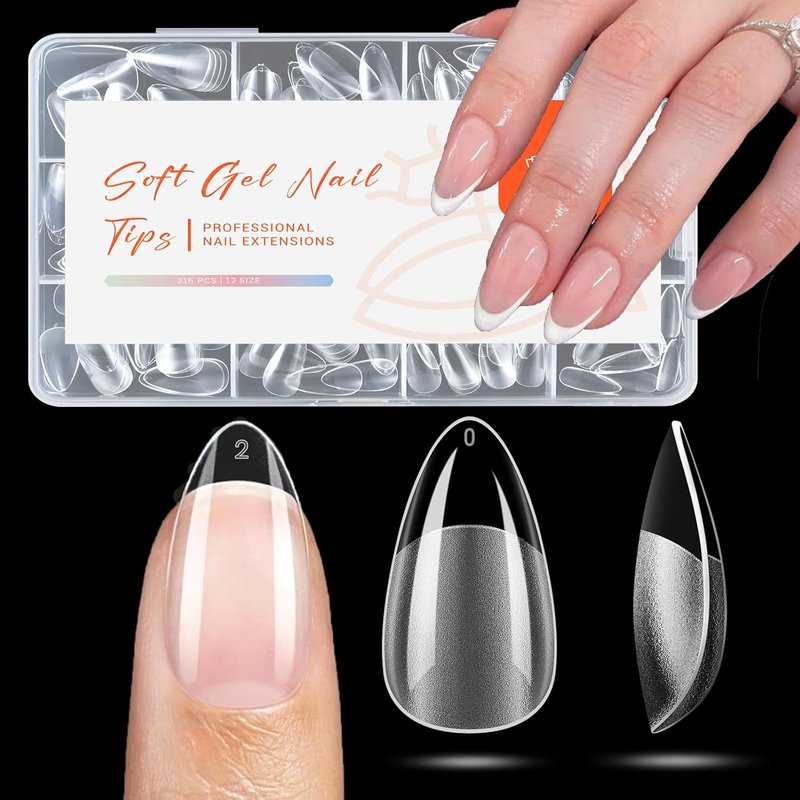 Short Almond Nail Tips - Pre-shaped Soft Gel Fake Nails | 216PCS Full Cover Press-On Extension Kit for DIY Manicure