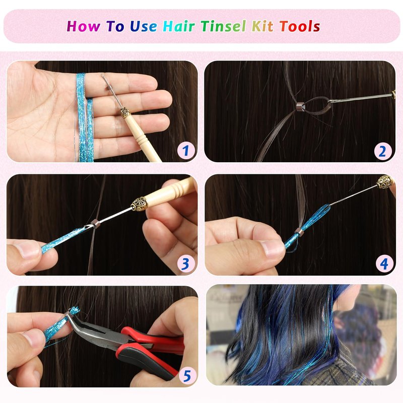Hair Tinsel Kit - 24 Colors, 9800 Strands, 48 Inch Glitter Hair Extensions | Festive Party Accessories for Women & Girls