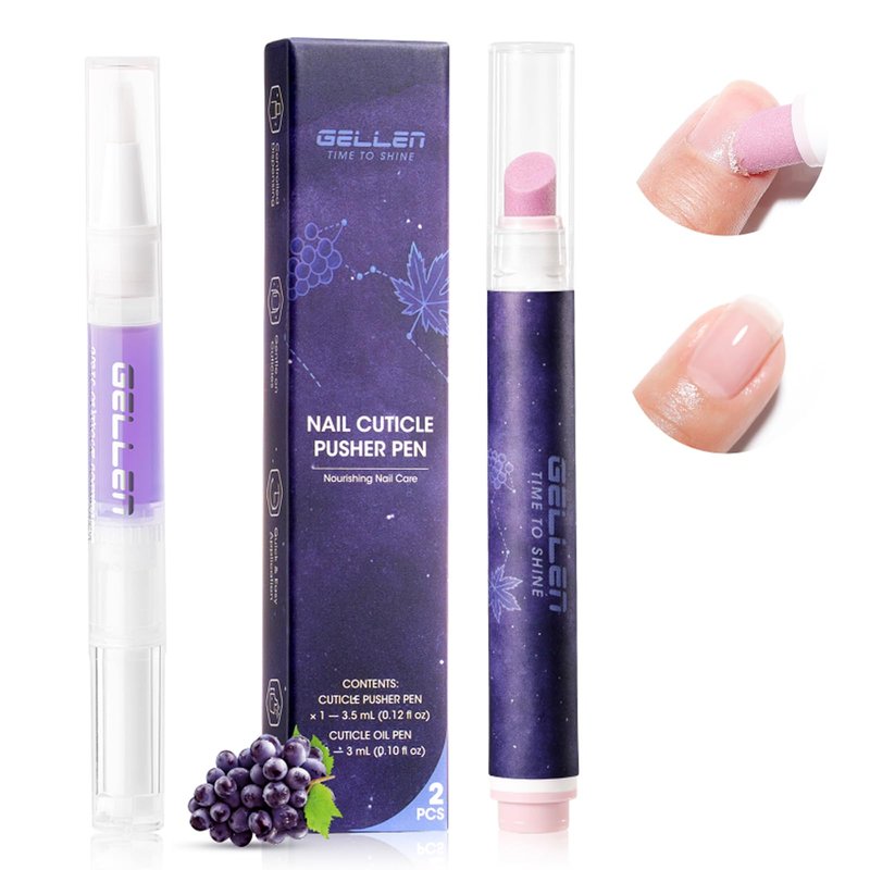 Gellen 2-in-1 Ceramic Cuticle Oil Pusher Pen Set - 2Pcs Grape Scent Cuticle Remover Pen & Nourishing Cuticle Oil Pen for Hangnails & Dry & Damaged Nails, Nail Treatment Pens for Home Salon