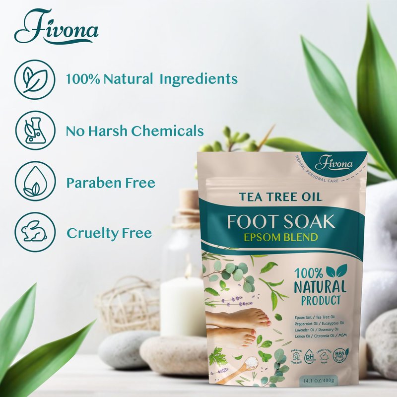 Fivona Tea Tree Foot Soak Blend 14.1 oz - Epsom Salt with Essential Oils for Healthy Toenails, Soothing Relief, Callus Softening - Pedicure Therapy for Soft, Rejuvenated Feet