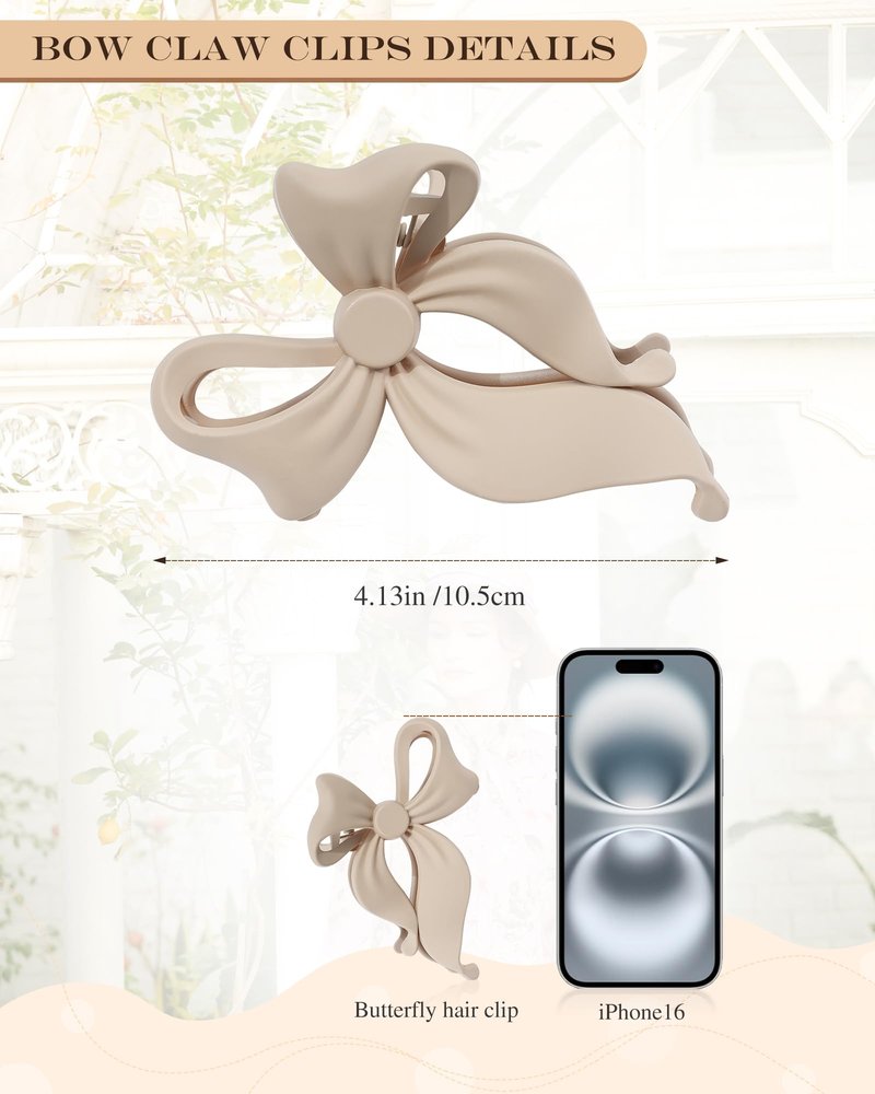 4 PCS Bow Hair Clips Bow Claw Clip for Women, Large Hair Claw Clips for Thin Thick Long Hair Cute Nonslip Bows (Black+Grey+Dark Brown+Light Brown)