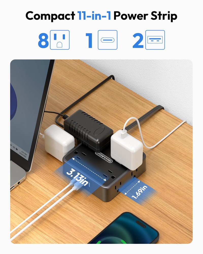NTONPOWER Black Power Strip, 15 FT Power Strip with 8 Widely Outlets 3 USB Ports, Extension Cord with Mlutiple Outlets for Home, Office, Dresser, Dorm Room