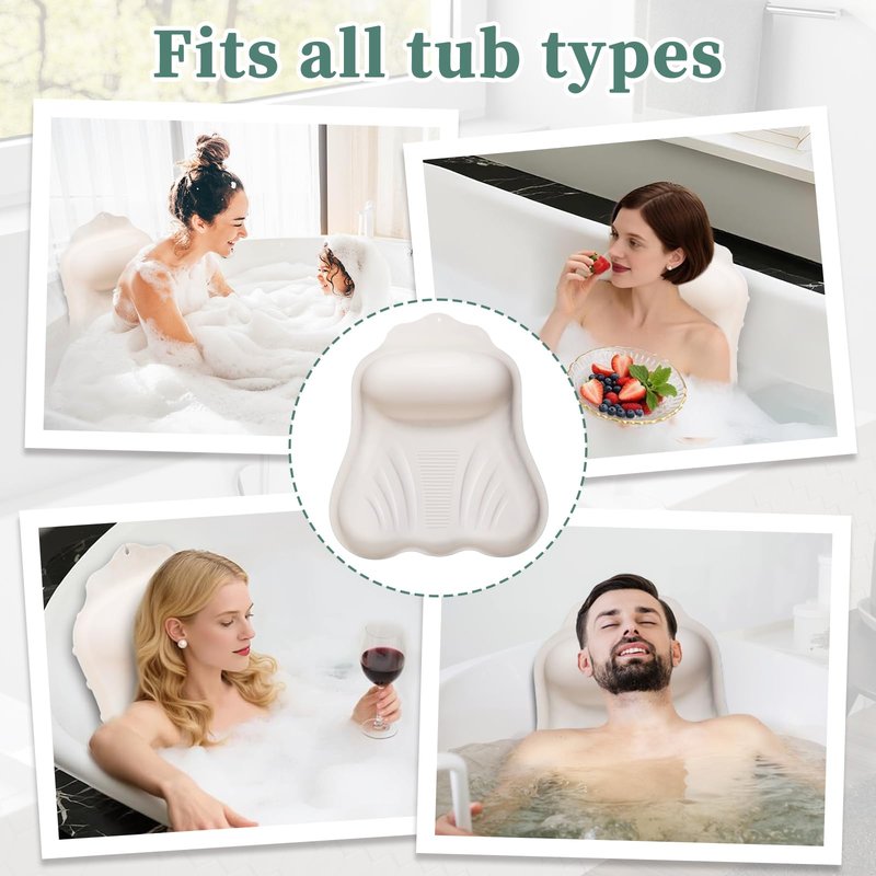 Luxury Silicone Bath Pillow for Tub, New Cloud-Soft 4D Air-Cushion Bathtub Pillow for Head and Neck & Back Support, Strong Suction Cups, Waterproof Quick-Dry Bathtub Headrest (White)