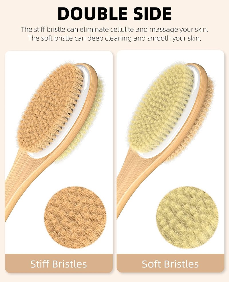 ManLinKei Back Scrubber for Shower, Long Handle Dual-Sided Shower Brush with Soft and Stiff Bristles, Body Exfoliator